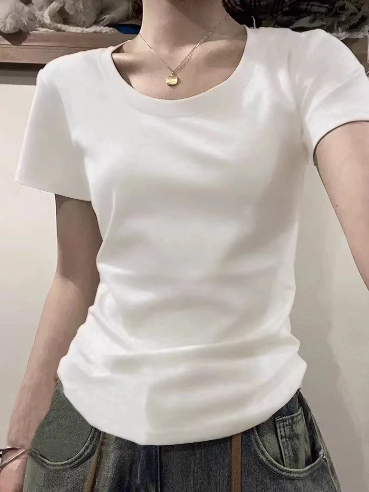 外貿原版新款40支純棉羅紋92棉8氨綸美式短袖t恤女夏辣妹短款