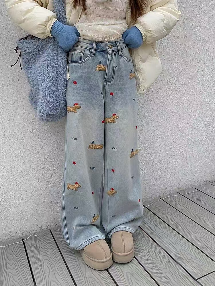 韓國chic2025春裝牛仔褲女直筒褲新款設計感重工小狗刺繡闊腿褲子