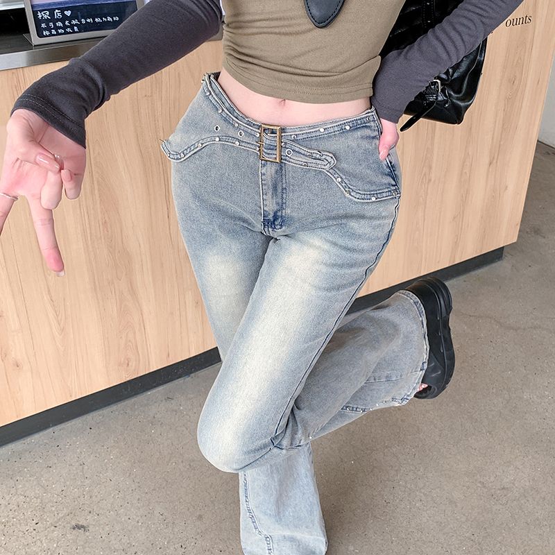 Real photo~light blue retro micro-flare jeans for women's new design slim elastic floor pants