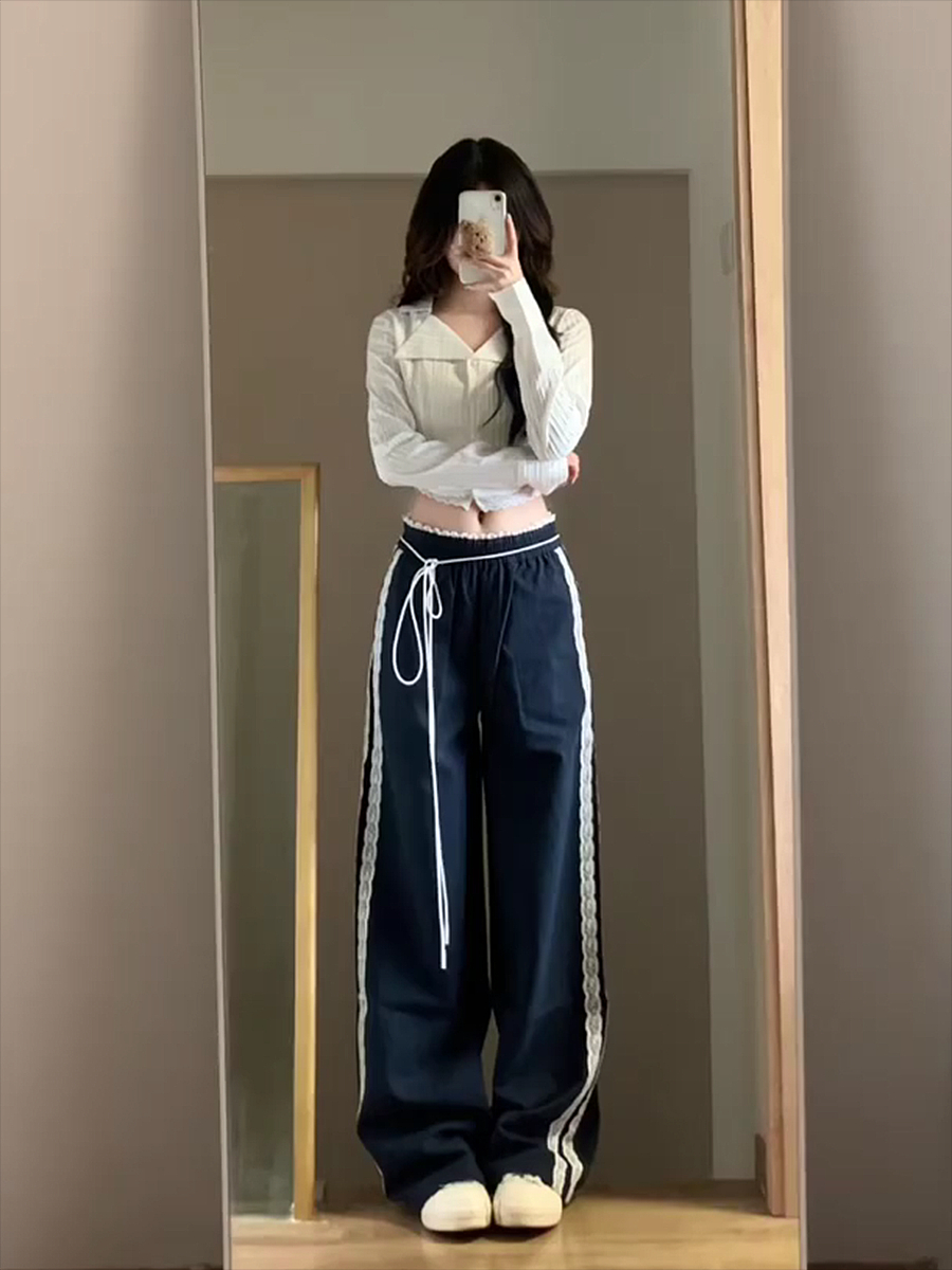 國潮牌藍色拼接高腰休閒褲女2025早春新款直筒