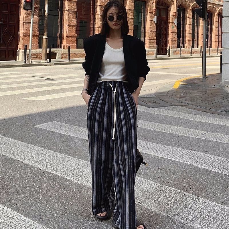 New striped casual pants for women with high waist wide legs straight loose large size draped drawstring retro pants