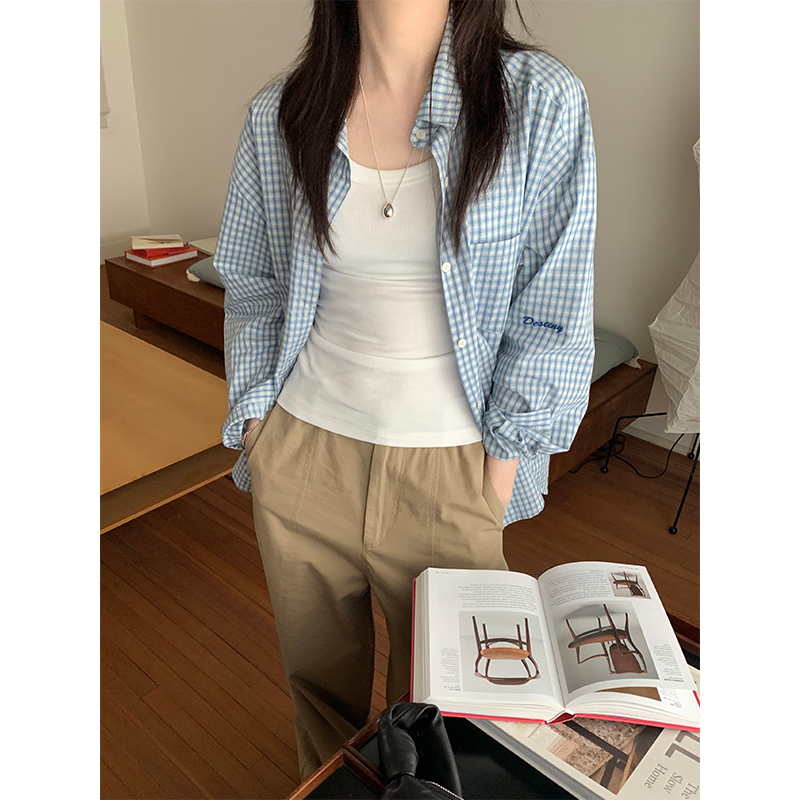 Real-life new spring and summer thin sun protection long-sleeved plaid contrasting shirt for women 2025 versatile slack shirt for women