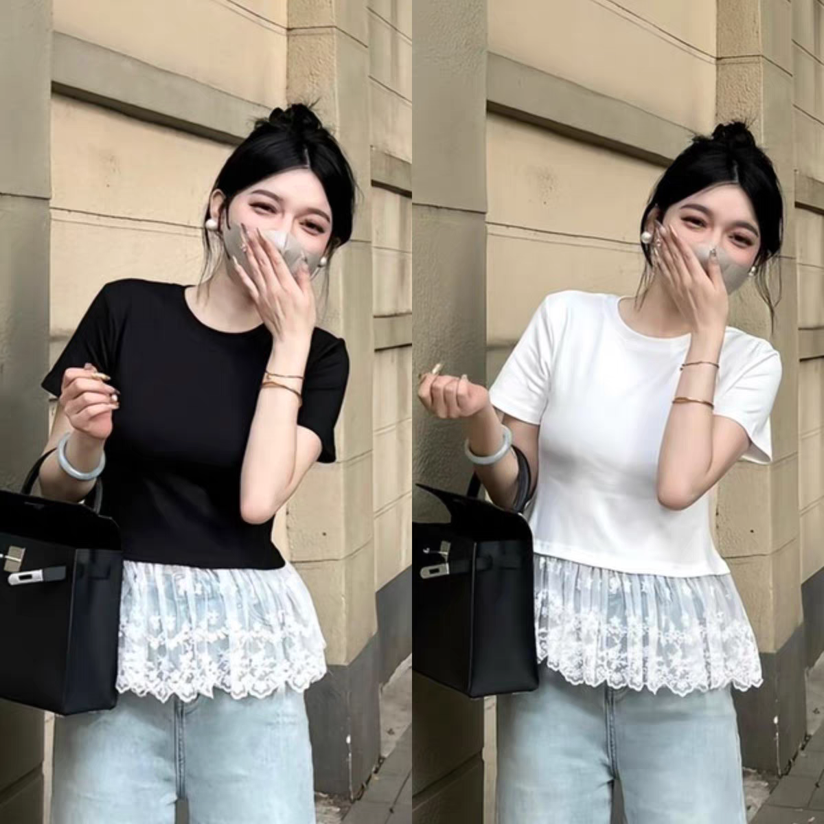 Summer large-size ballet style lace spliced ​​short-sleeved T-shirt fat mm slimming inner top M-4XL 200 catties