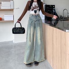 Real shot~Retro breasted wide-leg jeans for women 2025 new high-waist loose slim streamer straight-leg trousers