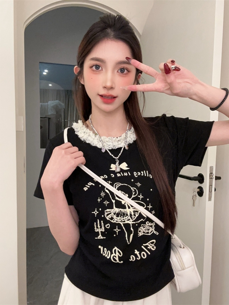 Original quality Korean foreign trade Korean summer new bear lace front shoulder short-sleeved T-shirt women's sweet girl style top