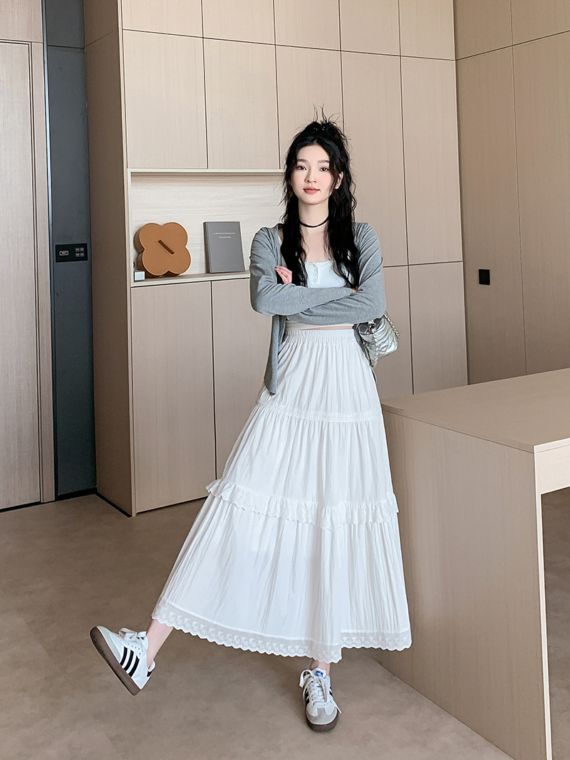 Real shot of new Korean version hollow lace splicing white skirt for women sweet slim A-line midi skirt umbrella skirt