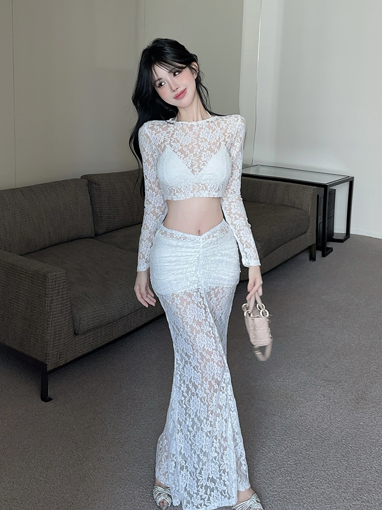 Real photo of lace hollow fashion suit three-piece set