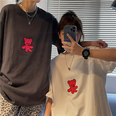 夏季韓版新款寬鬆時尚後背印花小熊圓領中長款百搭短袖T恤女