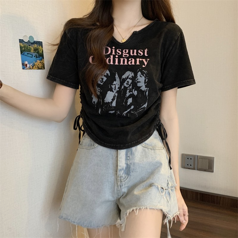 外貿原版6535水洗棉拉架 美式復古正肩短袖t恤女夏季顯瘦設計感