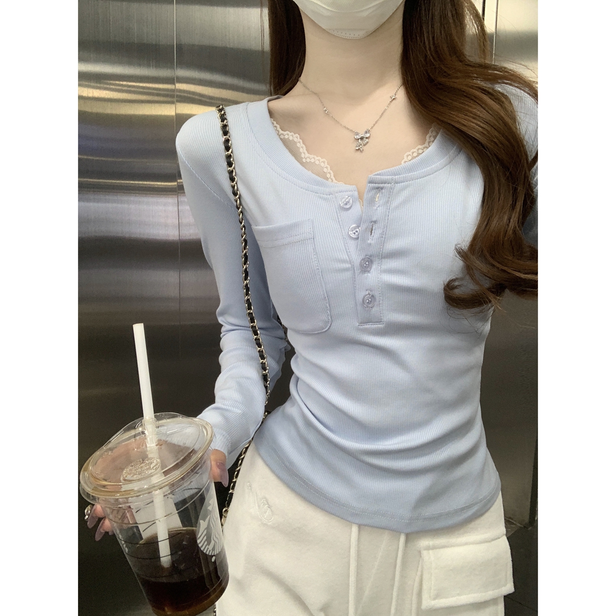 Real shot of early spring Korean version of round neck pure half-open button pocket slim long-sleeved T-shirt base shirt top