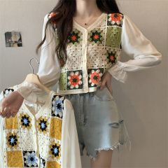 韓系泫雅風民族風鈎花設計感針織長袖小開衫女春季新款