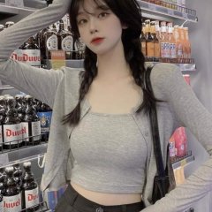 春秋季辣妹小個子修身短款長袖開衫T恤外套罩衫吊帶背心兩件套裝