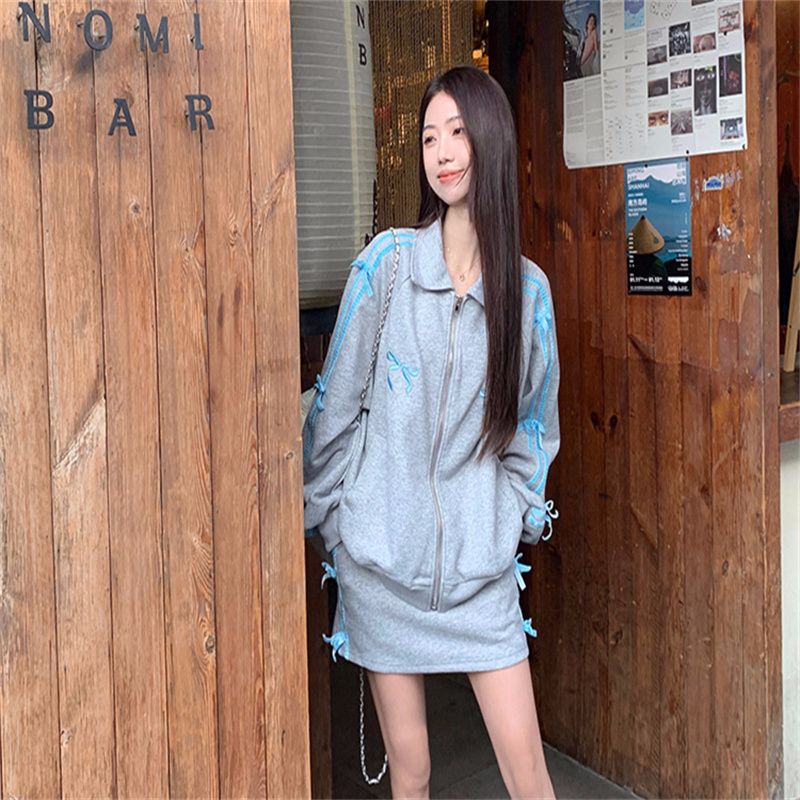 Early spring new women's clothing Korean college style velvet bow bar design cardigan sweater skirt suit
