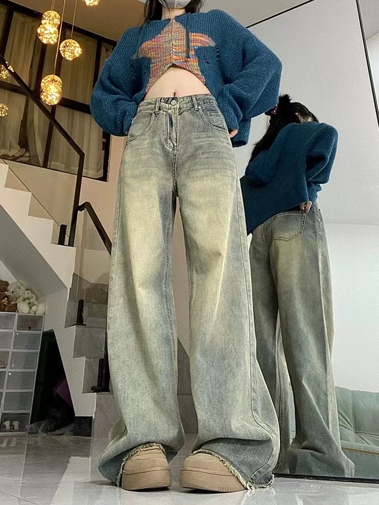 美式黃泥色牛仔褲女秋冬高腰寬鬆顯瘦直筒百搭毛邊垂感復古闊腿褲