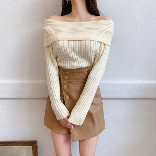 Real photo of one-length solid color off-shoulder sweater annual meeting dress Japanese and Korean pure slim fit sexy pullover sweater women