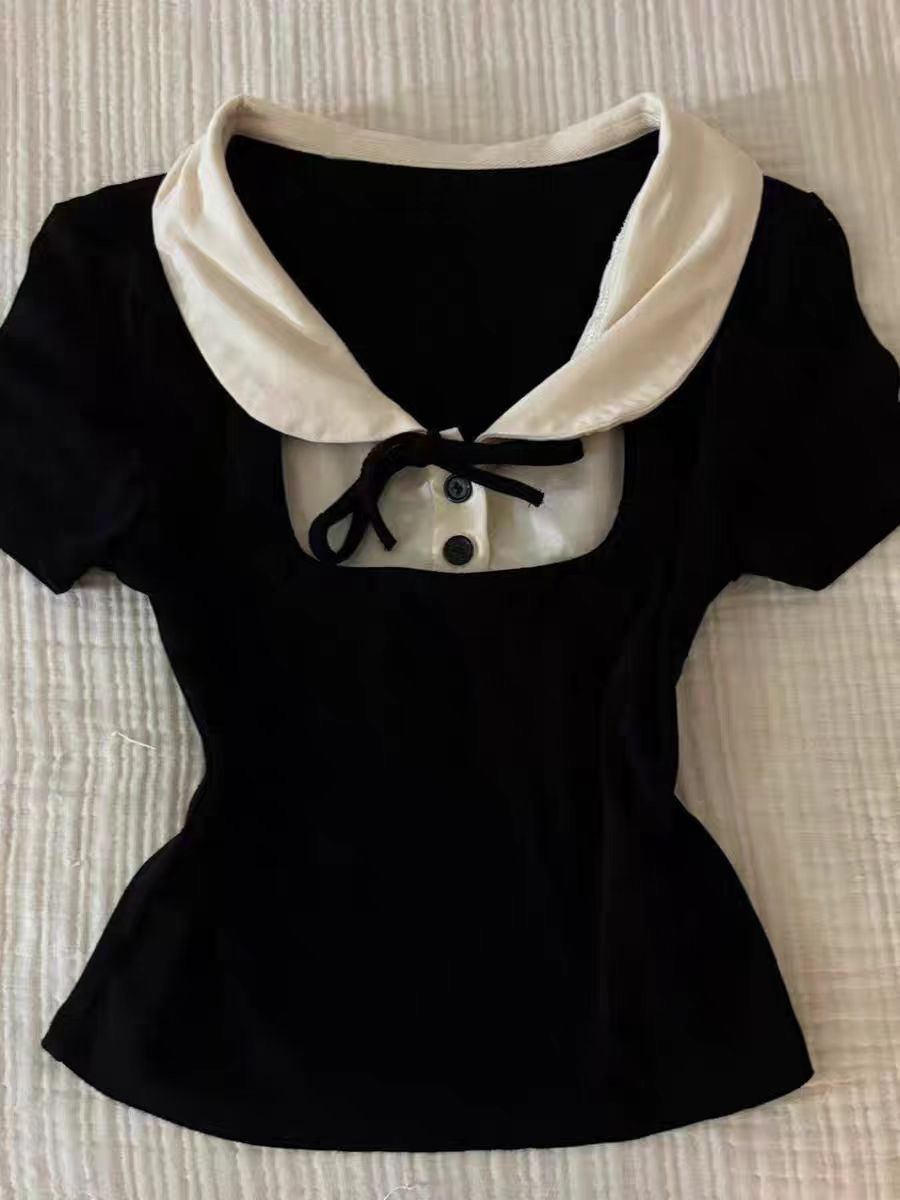 40 pure cotton French girl-sensing doll collar black short-sleeved T-shirt for women in summer design slim body