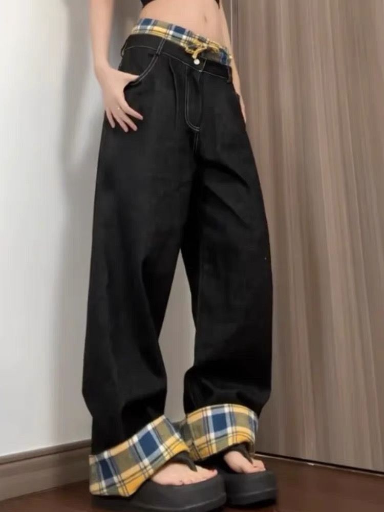 雙腰頭撞色拼接牛仔褲女春秋新款辣妹格紋翻邊寬鬆闊腿拖地長褲潮