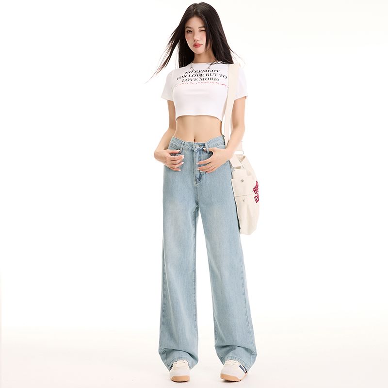 Real shot of 2025 spring fashion super soft hang high waist jeans embroidered pocket design straight wide-leg pants