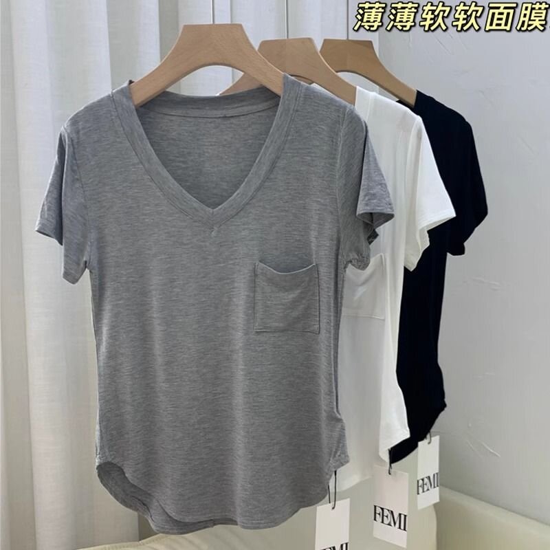 純棉上衣女夏季設計感小眾T恤薄款2025新款潮顯瘦白色V領短袖體桖