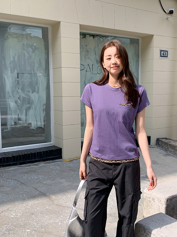 Real photo of leopard print spliced ​​short-sleeved T-shirt for women in summer 2025 Korean pure and fashionable shoulder top