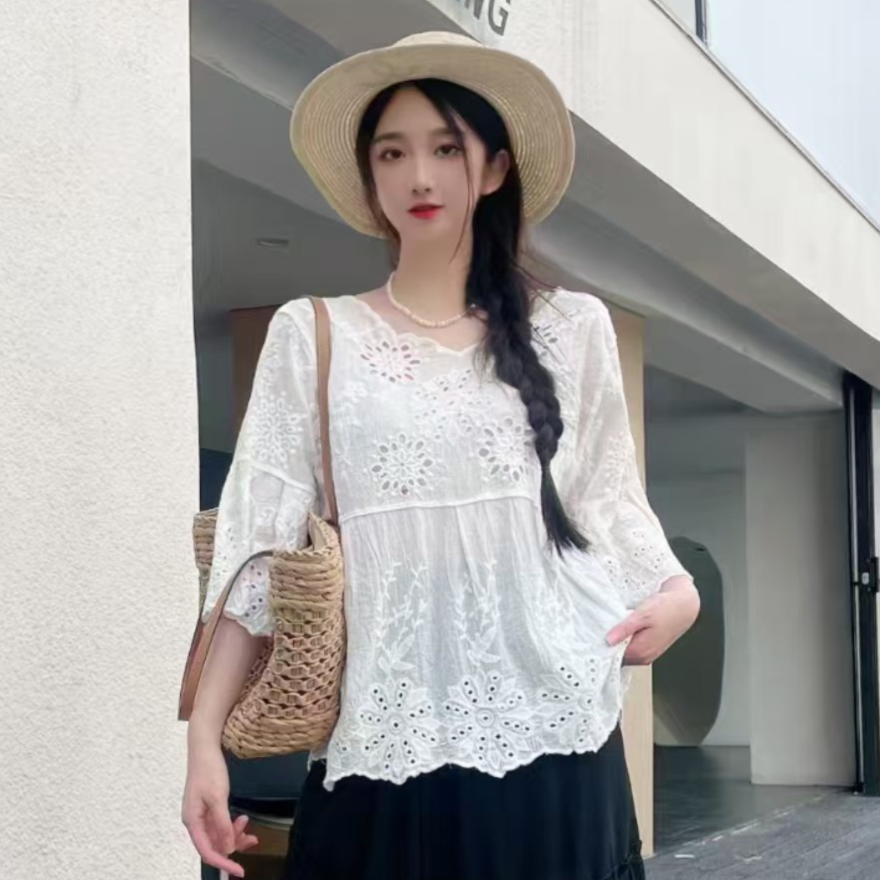 chic溫柔米色仙女娃娃衫夏重工花朵鏤空刺繡波浪花邊套頭短袖上衣