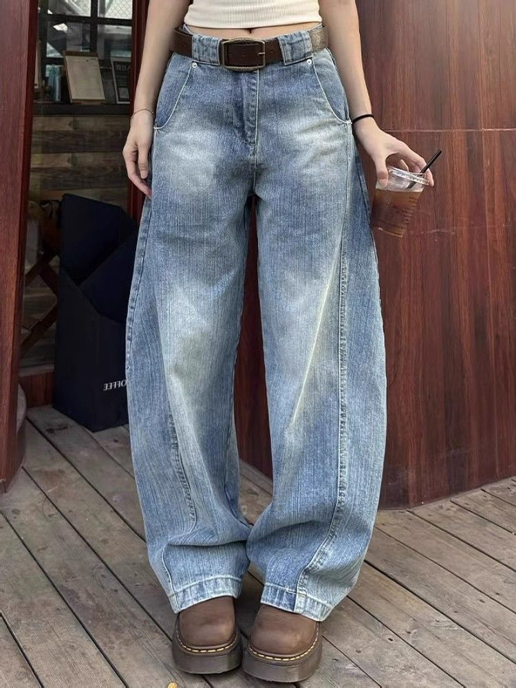 American retro deconstructed scimitar jeans men and women autumn high street loose wide-leg casual drooping trousers