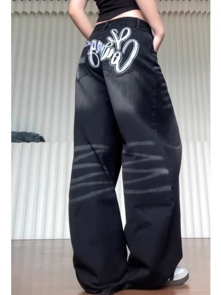 美式復古黑色做舊印花彎刀牛仔褲女2025春季新款寬鬆顯瘦闊腿長褲