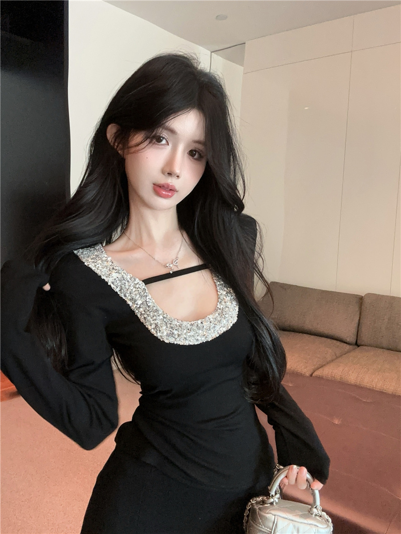 實拍~亮片拼接性感露背長袖T恤早春修身內搭辣妹黑色打底上衣