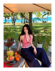 Blue hot girl vest suspender women summer niche design sexy lace plaid neck top wear