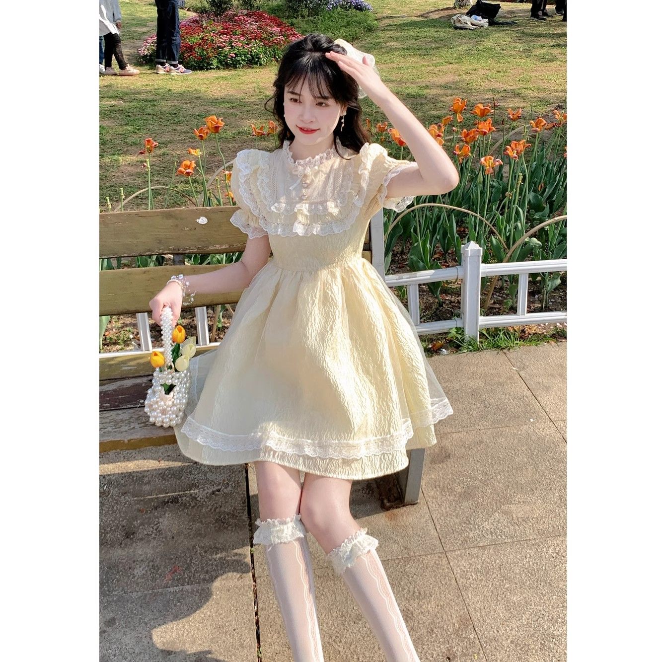 2025夏季法式甜美蝴蝶結仙女裙蕾絲花邊提花短款公主連衣裙女日常