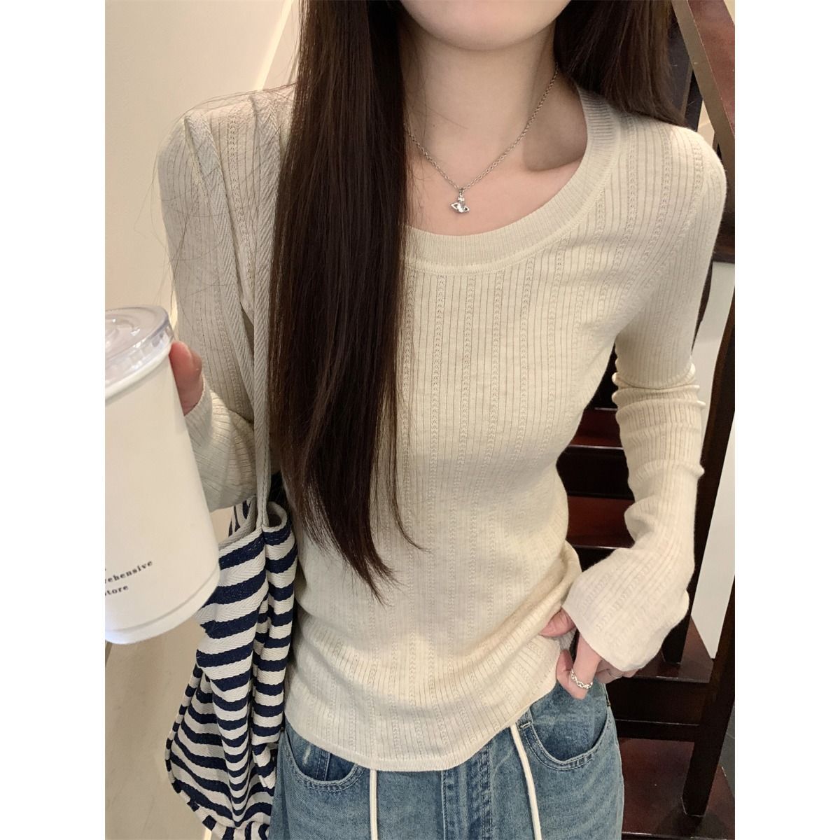 秋冬韓系穿搭氣質u領打底衫女內搭花紋設計感軟糯針織衫毛衣上衣