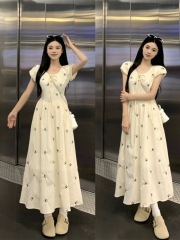 Women's Summer New French Style Off-the-Shoulder Sweet and Gentle Bow Print Tied Belt Short Sleeve Dress for Slimming