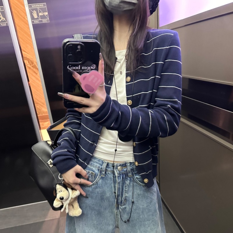 條紋針織開衫女新款秋冬內搭長袖打底衫獨特超好看上衣