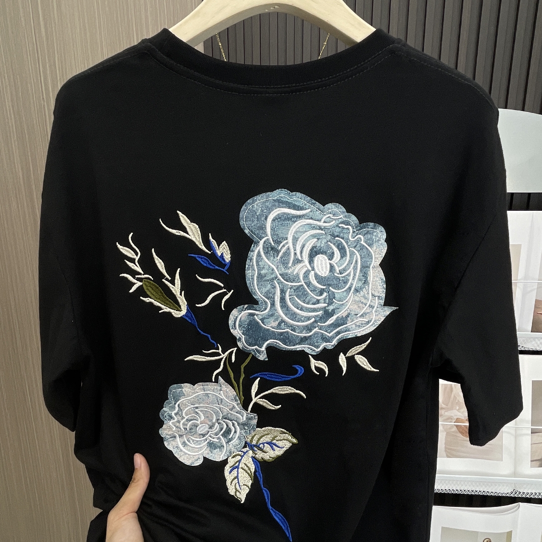 實拍 21支210g精梳純棉夏季美式玫瑰刺繡短袖T恤男女休閒情侶體恤