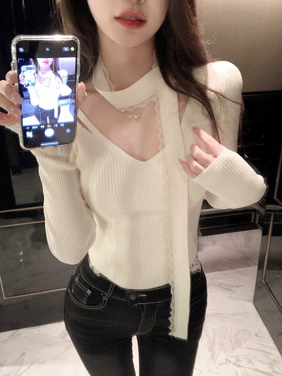 JustQin復古回潮2025新款春裝修身飄帶針織小衫上衣毛衣女