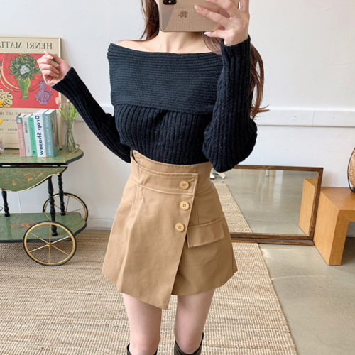 Real photo of one-length solid color off-shoulder sweater annual meeting dress Japanese and Korean pure slim fit sexy pullover sweater women