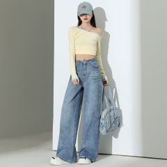 Real shot of 2025 spring fashion trend casual pants for women high waist drooping wide-leg pants