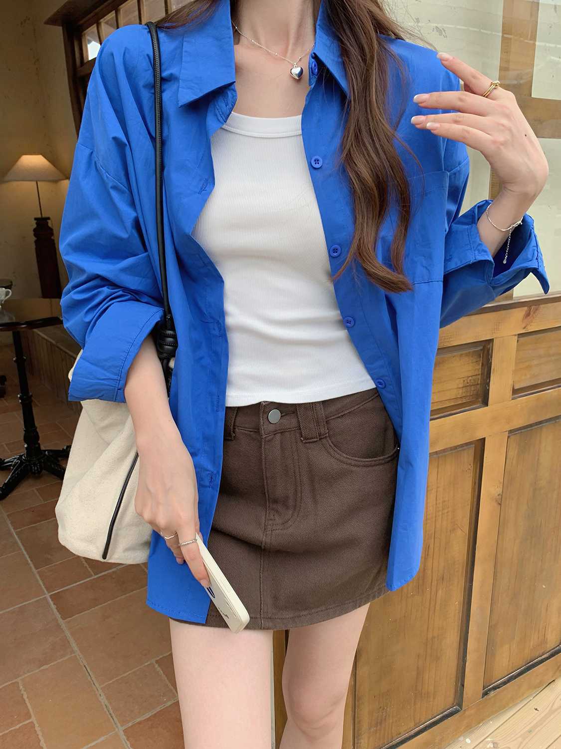 模特實拍襯衫女裝春秋新款慵懶風長袖上衣小個子襯衣百搭外套