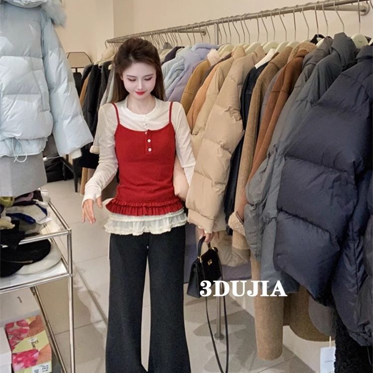 2025 spring new Korean version solid color round neck long-sleeved T-shirt + layered suspender vest two-piece set for women