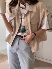 2025韓國夏季新款口袋翻領收腰工裝無袖馬夾百搭馬甲別致外套女