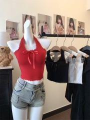 Real photo of women's lace halter neck bow suspender vest 2025 new design hot girl with breast pad top