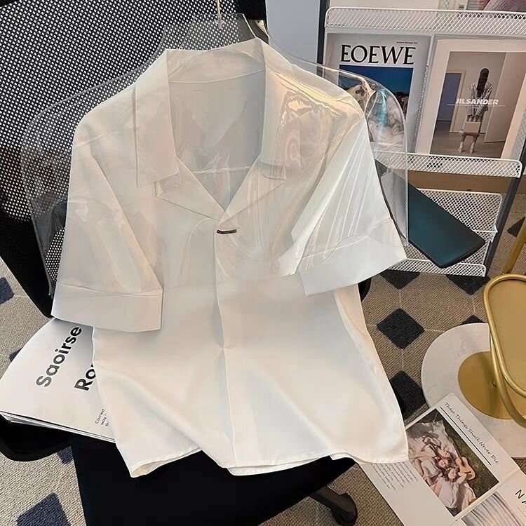 夏季襯衫女短袖小眾簡約韓版白色襯衣慵懶寬鬆百搭通勤設計感上衣