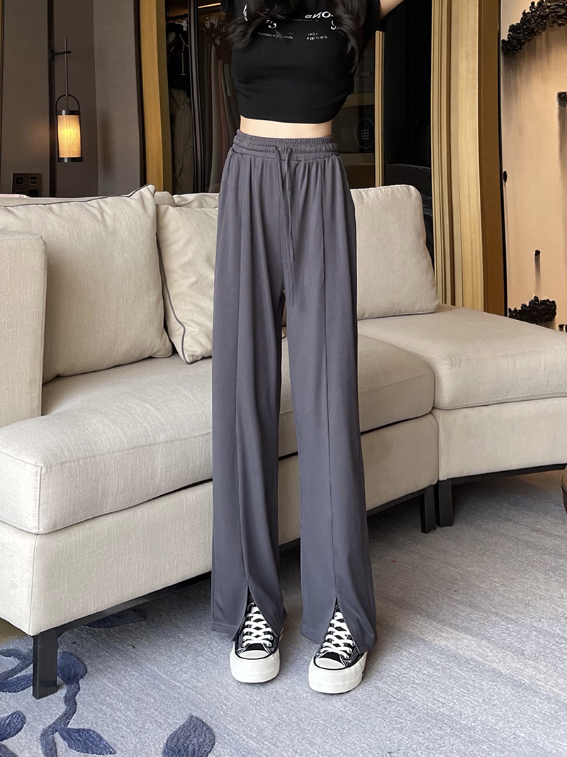 Real photo of ice silk slit wide-leg pants for women's summer high-waist casual pants loose straight-leg drooping pants