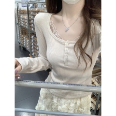 Real shot of spring and summer Korean style square collar lace spliced ​​pure desire button design versatile long-sleeved inner T-shirt top