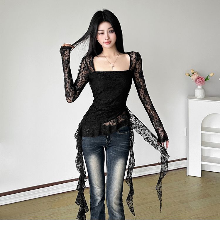 Hot girl lace spliced ​​square collar ruffle ribbon irregular suspender T-shirt top