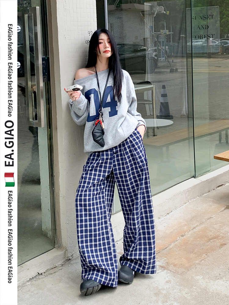 露絲同款復古藍色格子闊腿褲女夏季2025新款休閒高腰寬鬆拖地褲