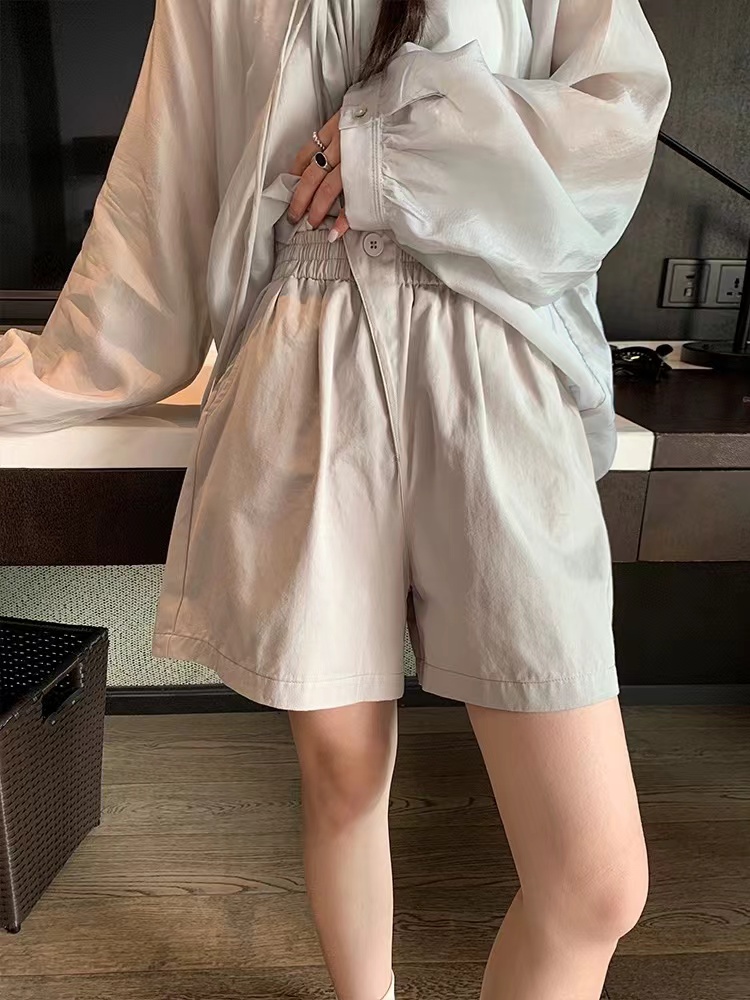 水洗100%棉 夏季闊腿短褲女鬆緊高腰一粒扣休閒五分中褲