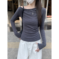 Real shot of spring Korean style, off-shoulder contrasting striped cashmere versatile slim long-sleeved T-shirt top