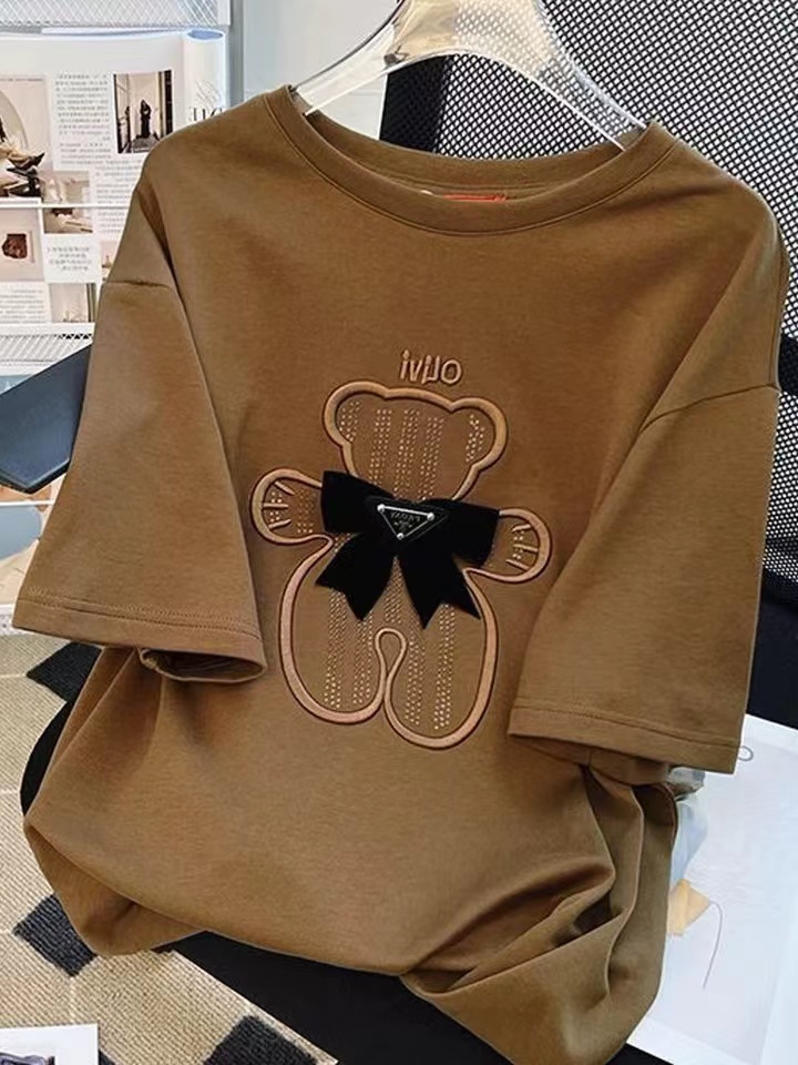 21支210g精梳純棉大碼刺繡短袖夏季胖mm遮肚子顯瘦正肩微胖上衣