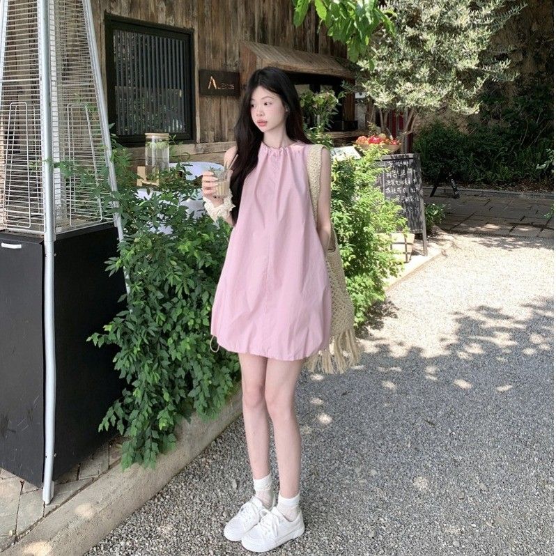 溫柔風減齡設計感粉色系帶連衣裙女夏季2025新款純色花苞裙短裙潮